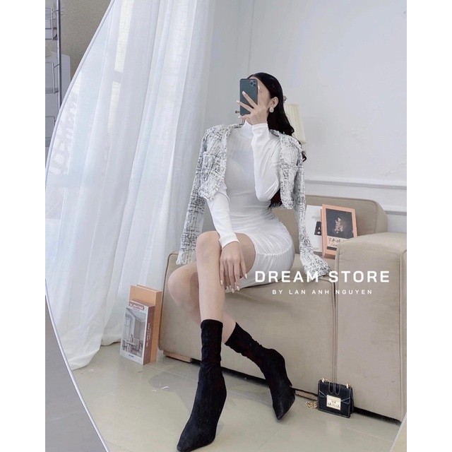 Đầm body cổ cao tay dài chất gân