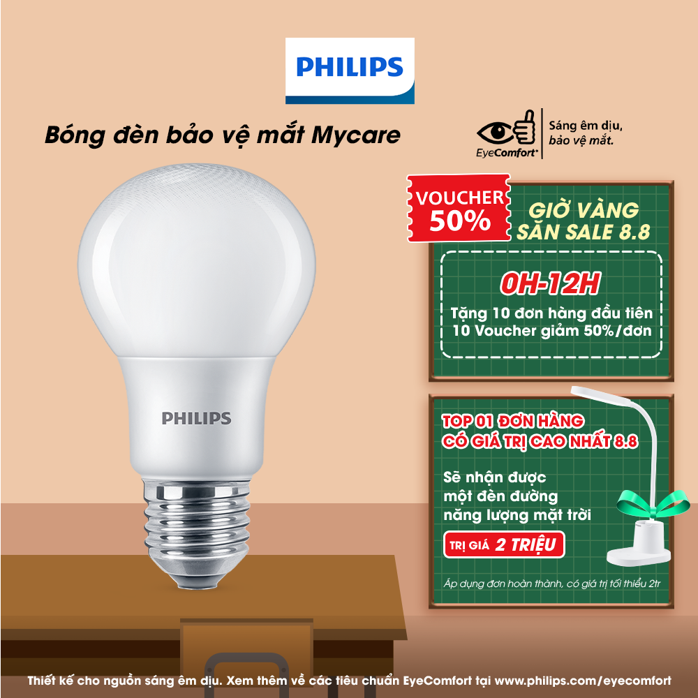 Bóng đèn Philips LED Bulb bảo vệ mắt Mycare, Công suất (4W,6W,8W,10W,12W) (01 bóng)