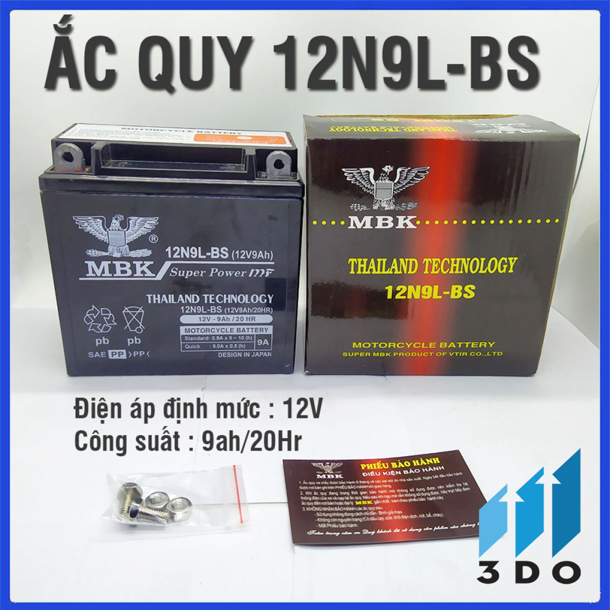 Ắc quy khô xe máy MBK , mã 12N9L-BS, 12v 9Ah, 135x75x130mm, công nghệ Thái Lan, bảo hành 1 năm