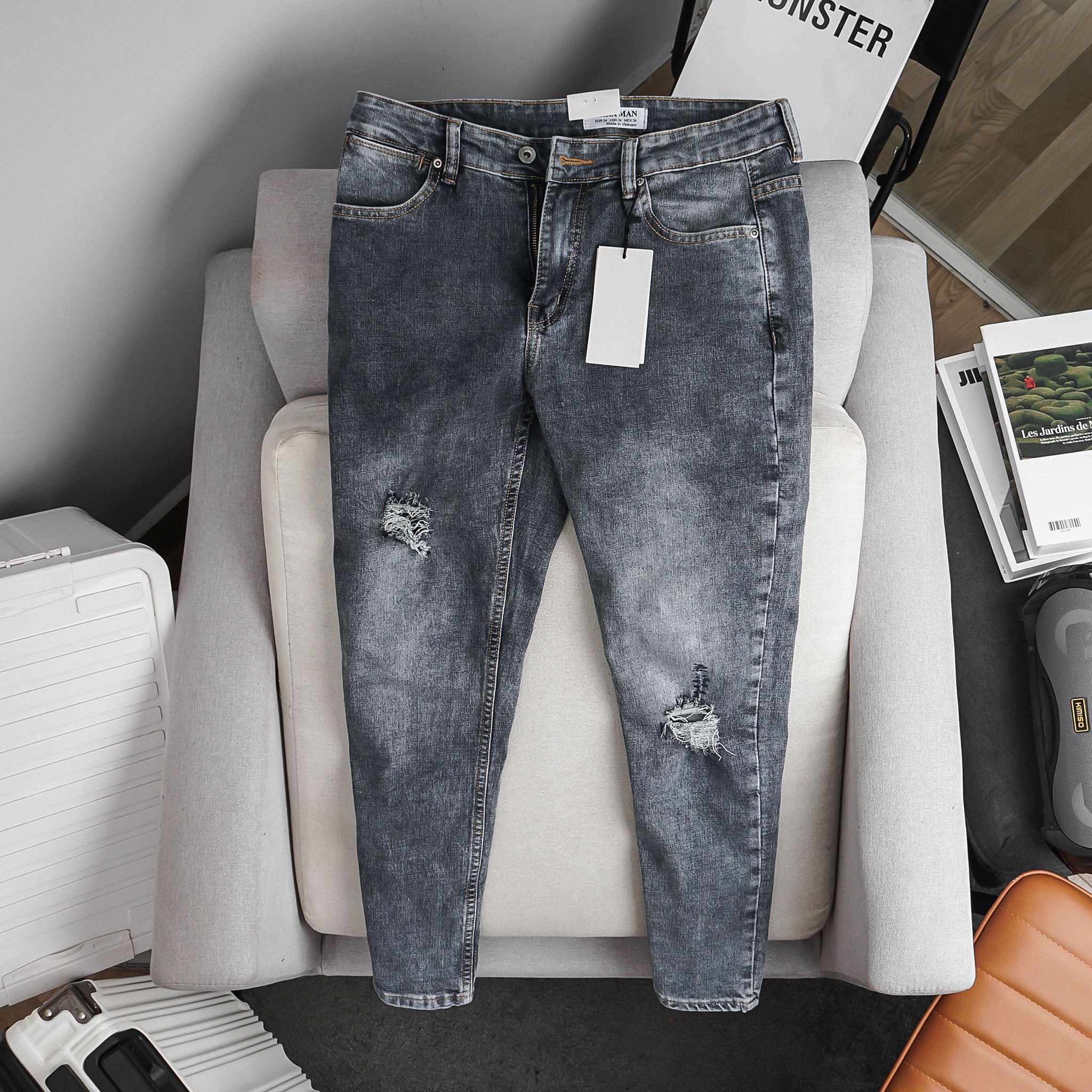 Quần Jean Nam màu bụi thời trang xuất khẩu wash rách skinny co giãn