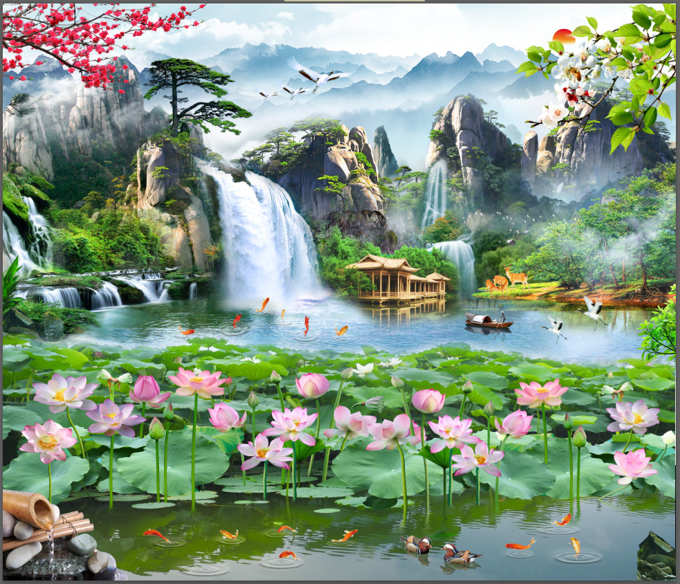 Binbin shop-Lotus waterfall 3D wallpaper pc87