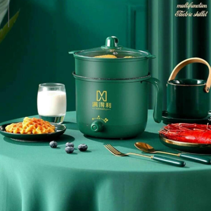 Nồi Lẩu Điện Mini, Nấu Mì 2 Tầng Kèm Giá Hấp Đa Năng Nướng, Luộc, Chiên Chống Dính Vấn Đá Tiện Lợi, Ca Nấu Mì Mẫu Mới