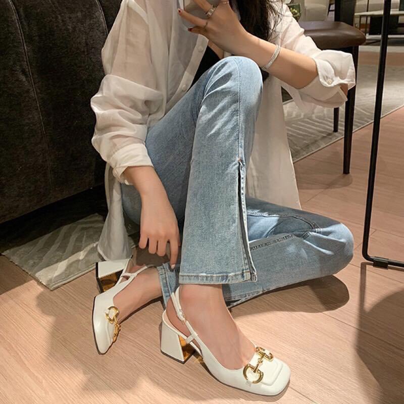 Giày hài độn đế 5cm quai ngang vàng cá tính