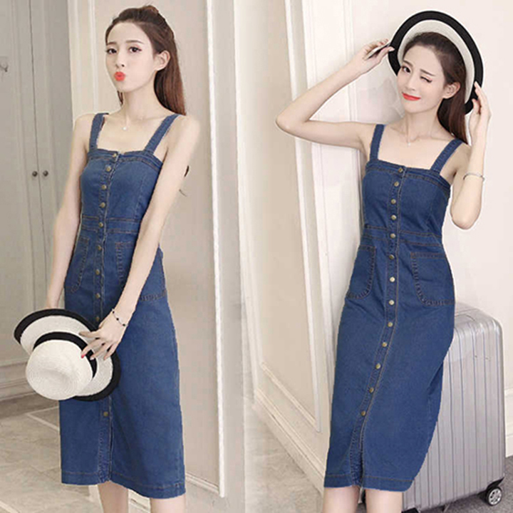 [HCM]Đầm Yếm Jean Nữ Form Dài Nút Cài Dọc