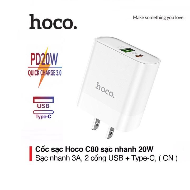 Cốc sạc nhanh 20W Hoco C80 QC 3.0 2 cổng usb và type c