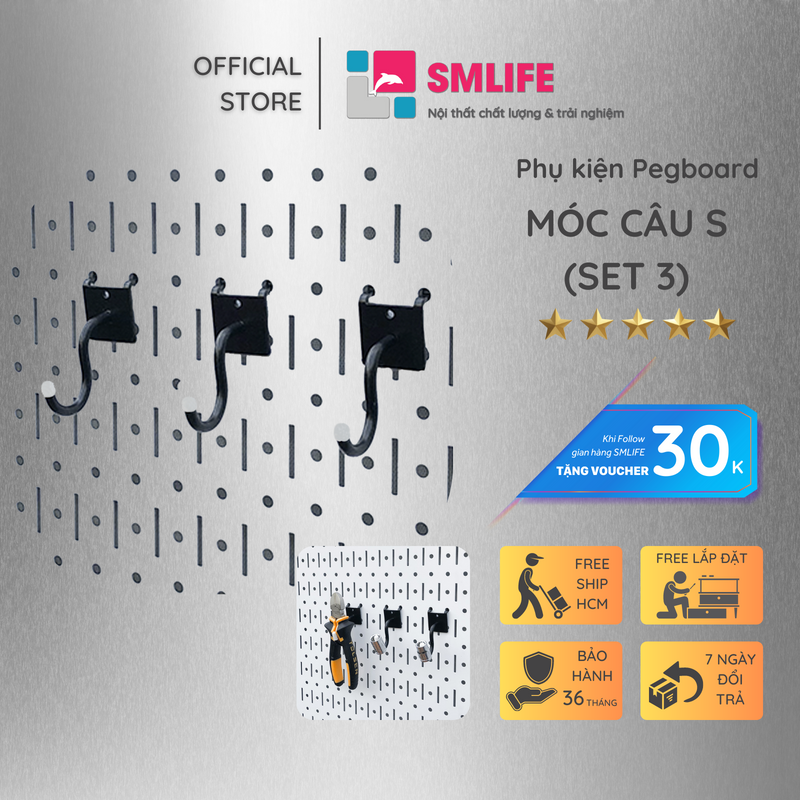 Bộ 3 móc câu S Pegboard - Móc treo bằng thép sơn tĩnh điện hiện đại - Phụ kiện móc treo dụng cụ Pegboard