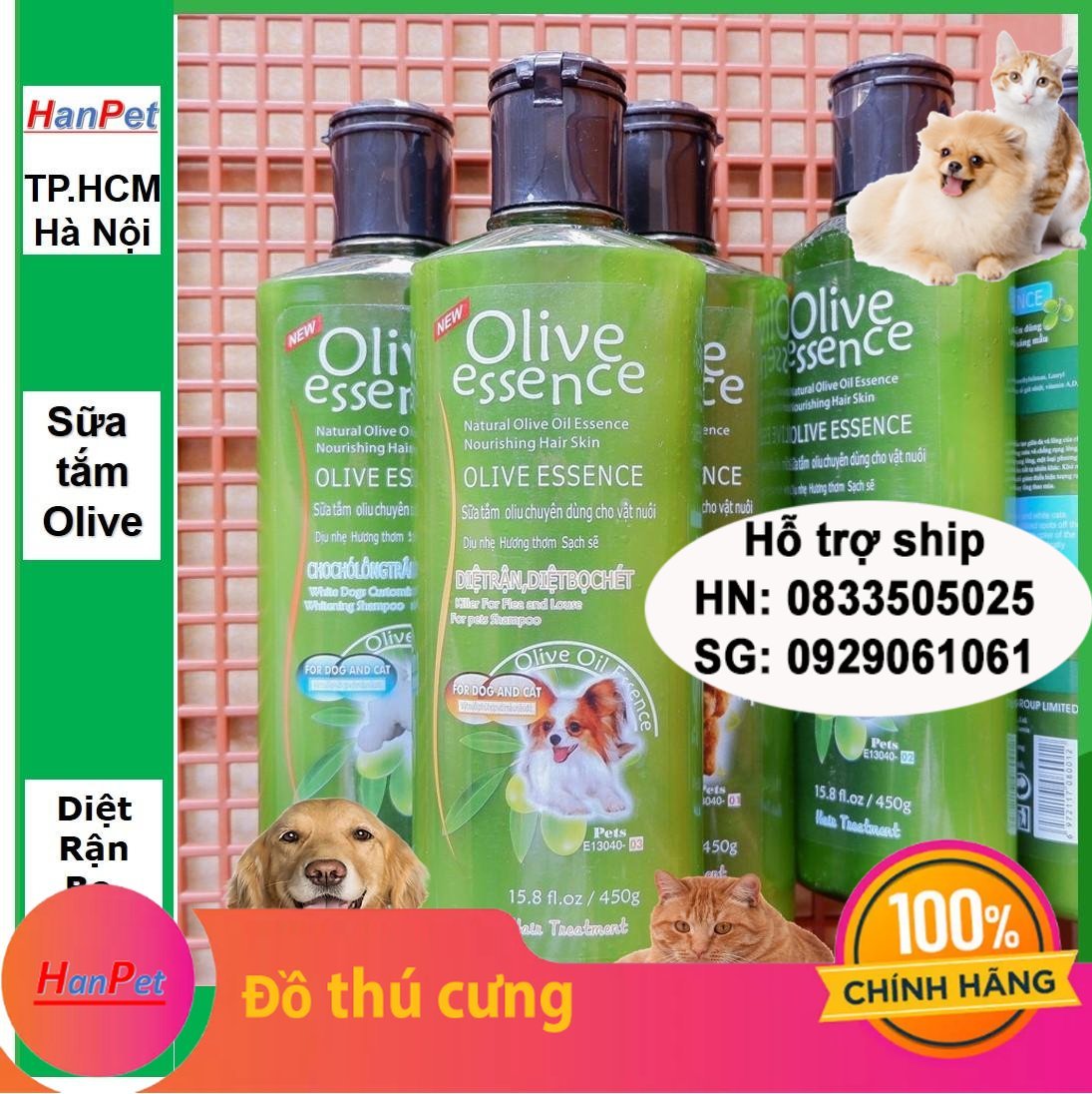 Hanpet - Sữa tắm OLIVE - 450ml loại trị ve rận- Sữa tắm tinh dầu ô liu chó mèo - dầu gội ch- HP10785TC