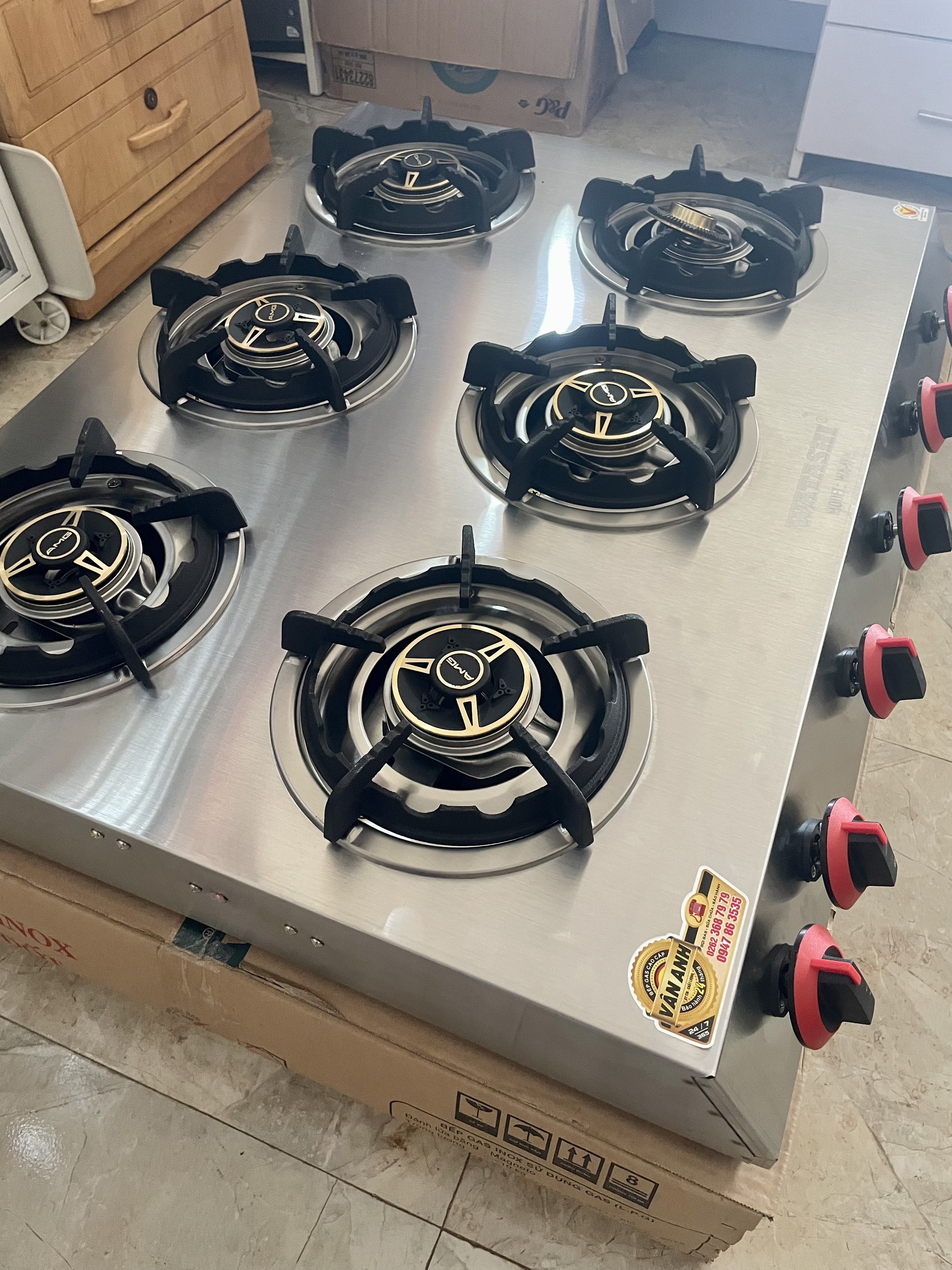 BẾP GAS 6 HỌNG CAO CẤP ( ĐẦU ĐỐT ĐỒNG ) WHATASHI