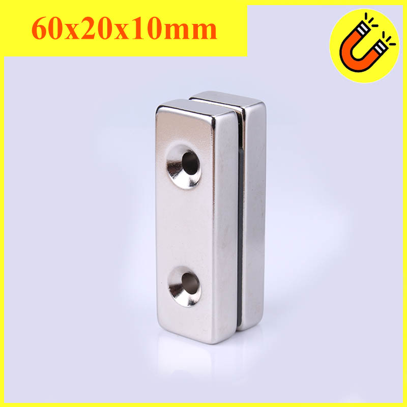 Nam Châm Đất Hiếm 60x20x10mm 2 lỗ bắt vít Siêu Từ Tính