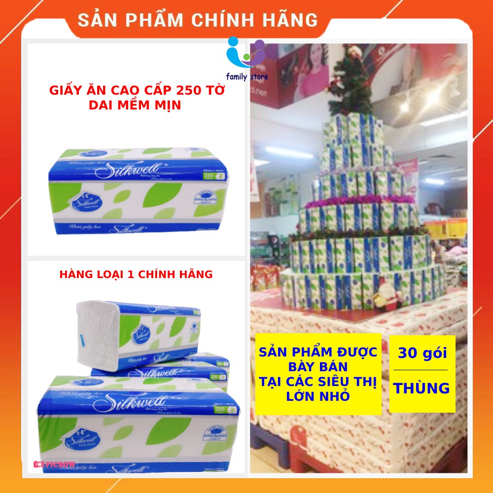 Khăn giấy ăn rút lụa Silkwell siêu dai mềm mịn 250 tờ - 36 gói/thùng