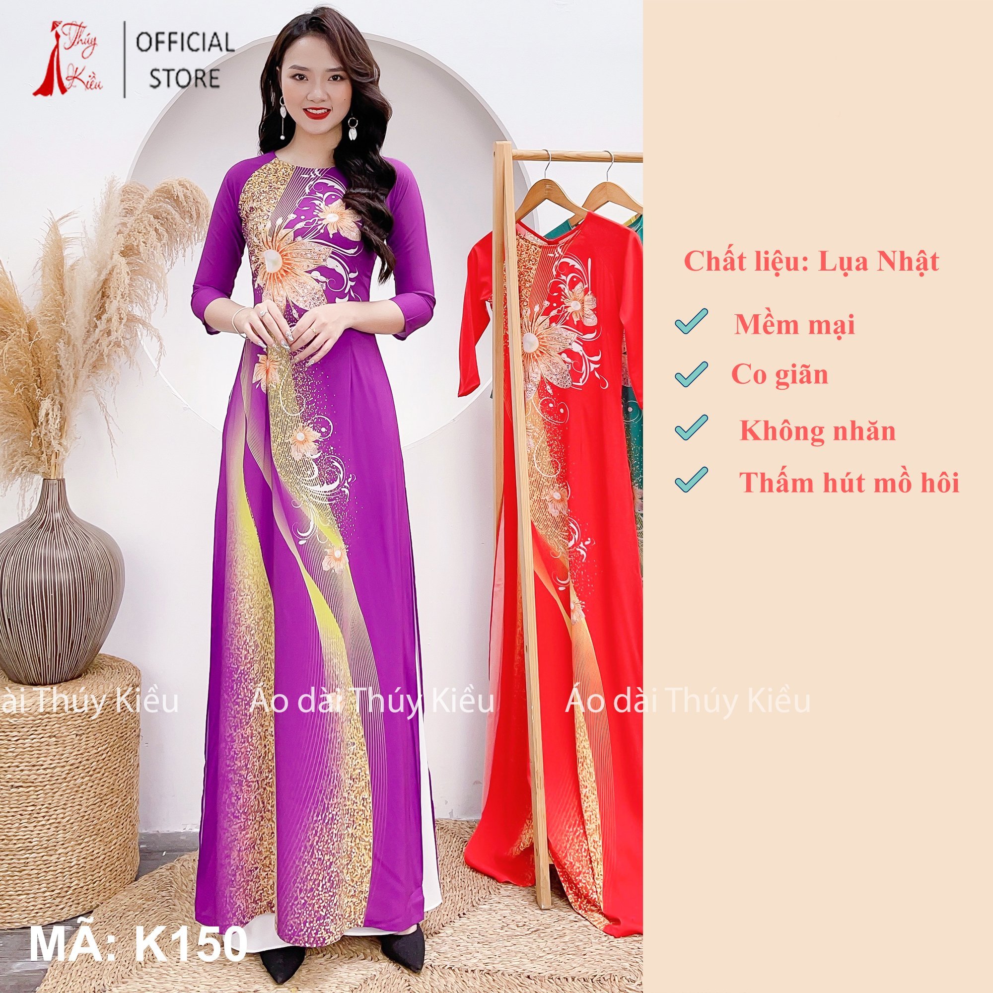 Áo dài Thúy Kiều Áo dài lụa Nhật nền tím K150 óng ánh hoa ngực ❤️FREESHIP❤️mềm mại, co giãn, áo dài giá rẻ