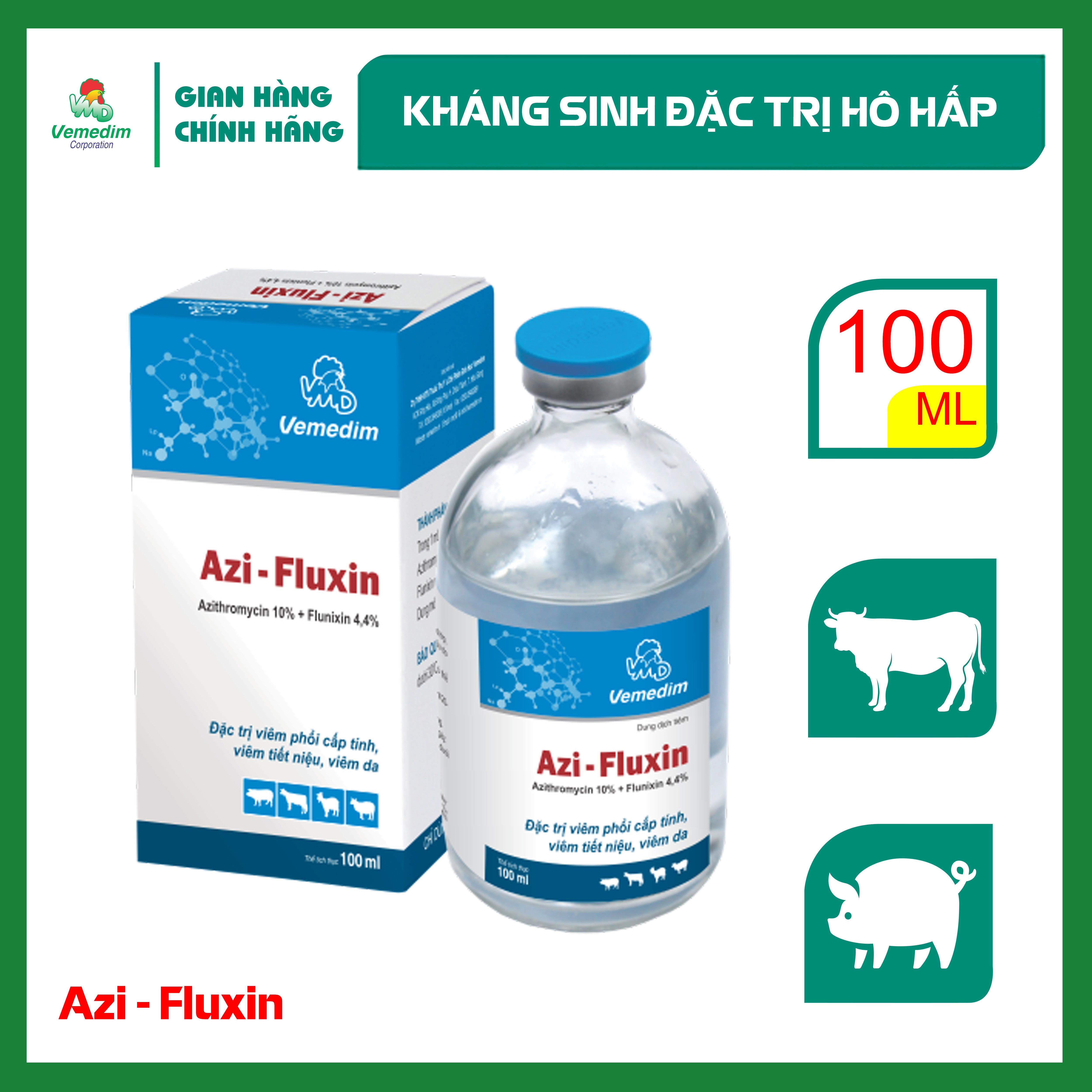 "Hoàn tiền đến 10%" Vemedim Azi-Fluxin dùng cho hô hấp trên heo, trâu, bò, dê, cừu, chai 100ml