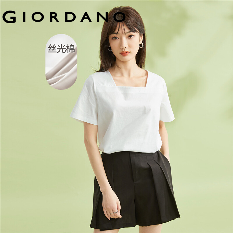 Giordano áo thun tay ngắn nữ chất liệu bông tơ bóng cổ vuông tà áo hình cung dệt kim Free Shipping 05323442