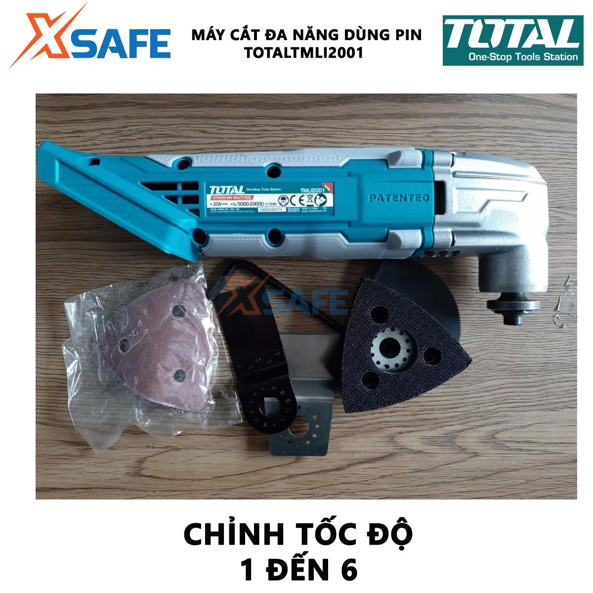 Máy cắt cầm tay dùng pin 20V Total TMLI2001 máy cắt đa năng kèm 1 dao cạo nhám, lưỡi cưa, lưỡi phân khúc, chìa khóa, giấy nhám đồng bằng và 3 giấy nhám, tốc độ không tải 5000-20000v/p, không kèm theo pin và cục sạc