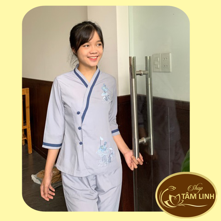 Đồ Lam Đi Chùa _ Mẫu Cài Xéo Thêu Sen