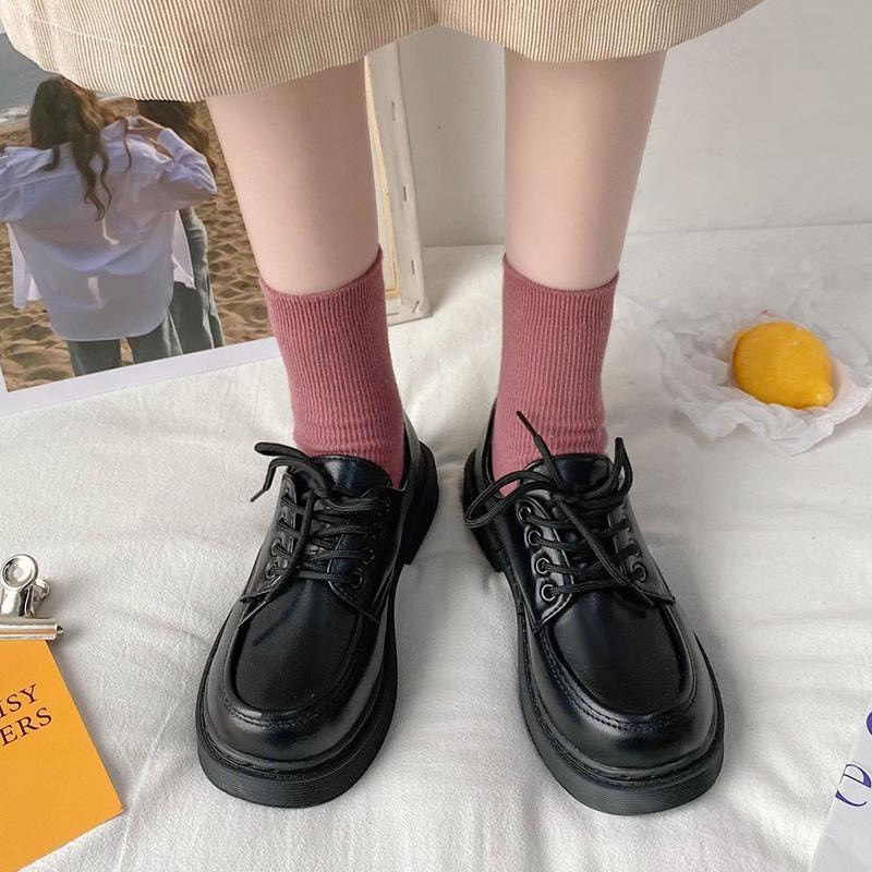 Giày da bóng ulzzang mũi tròn đế thấp bóng nhám