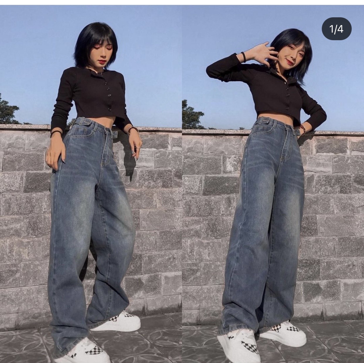 ☀️SET BAGGY JEANS LƯNG CAO ĐAI NÚT + CROPTOP GÂN TD