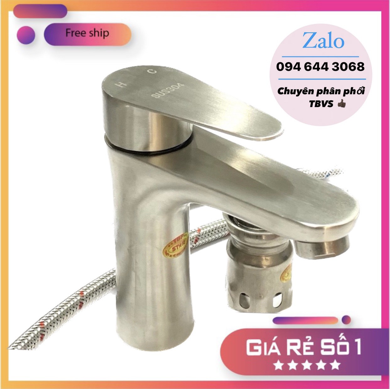 Vòi lavabo nóng lạnh thân tròn 20cm inox sus 304