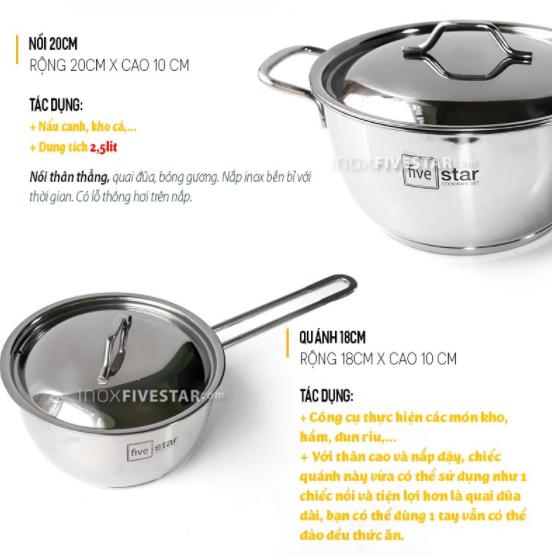 Bộ Nồi Inox 5 Chiếc Fivestar 3 đáy (Nắp Kính & Nắp Inox)