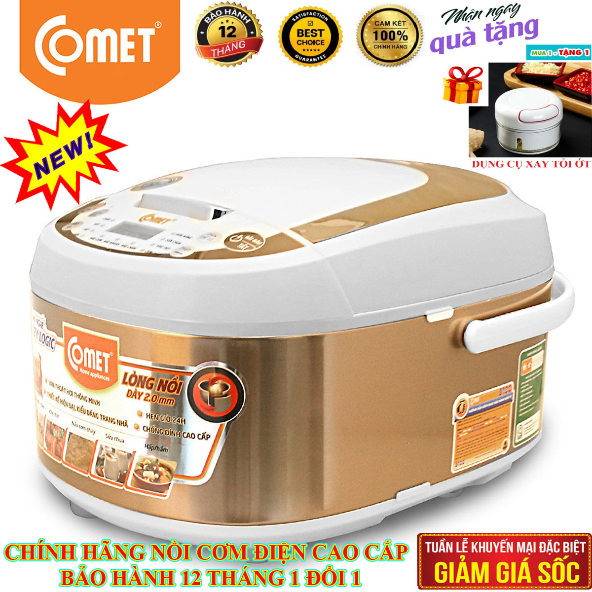 Nồi cơm điện COMET 1.8L có điện áp 220V công suất 700W tần số 50Hz chất liệu lót hợp kim nhôm thiết kế nhỏ gọn giá tốt