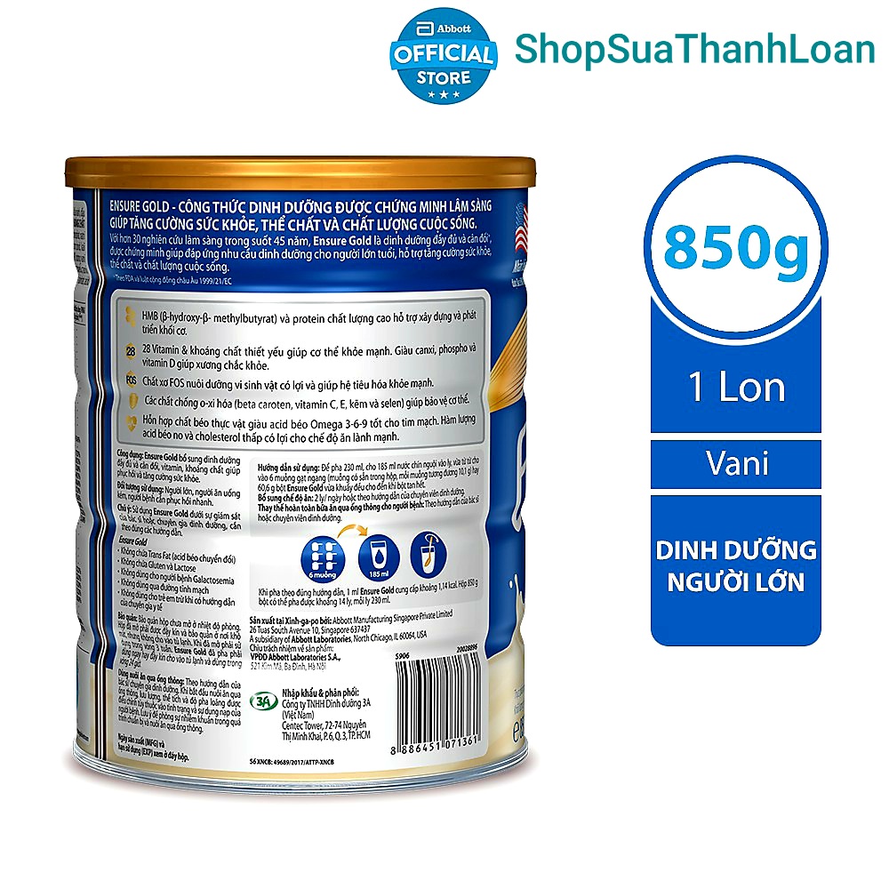 [HSD T3-2026] Sữa Bột Ensure Gold StrengthPro Vani (HMB) - Hộp 850g.
