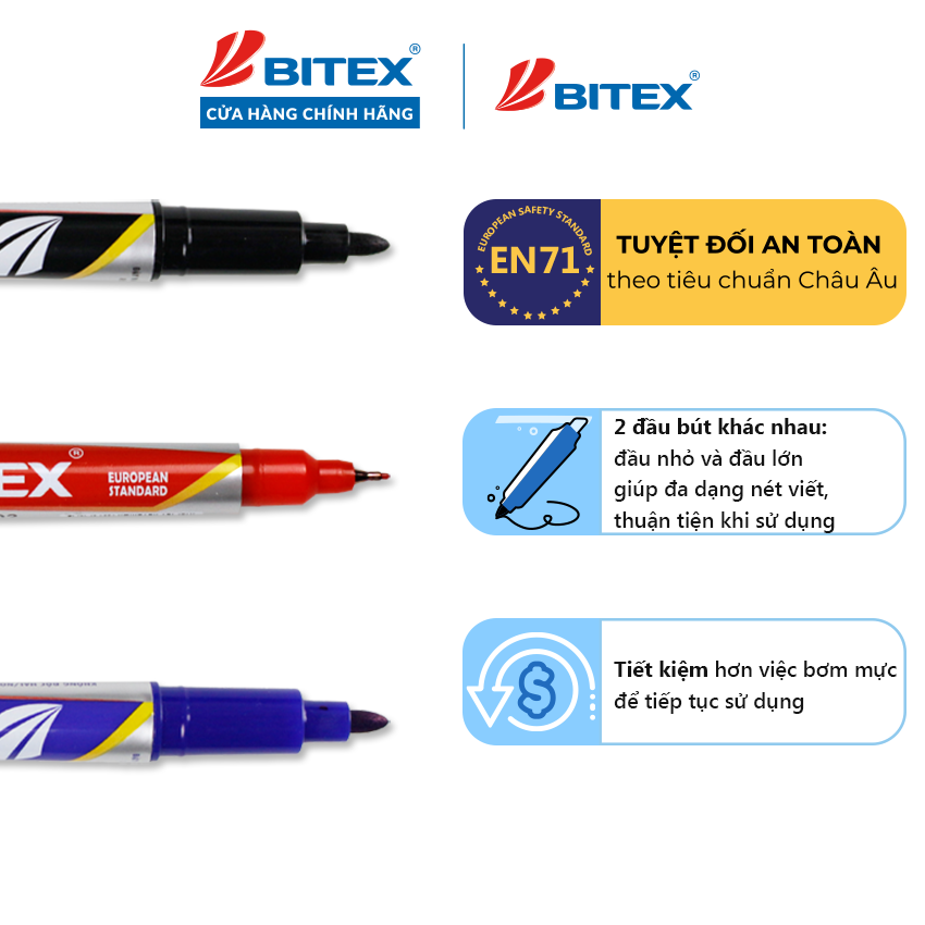 Bút lông dầu Bitex PM02 mực xanh, đen, đỏ