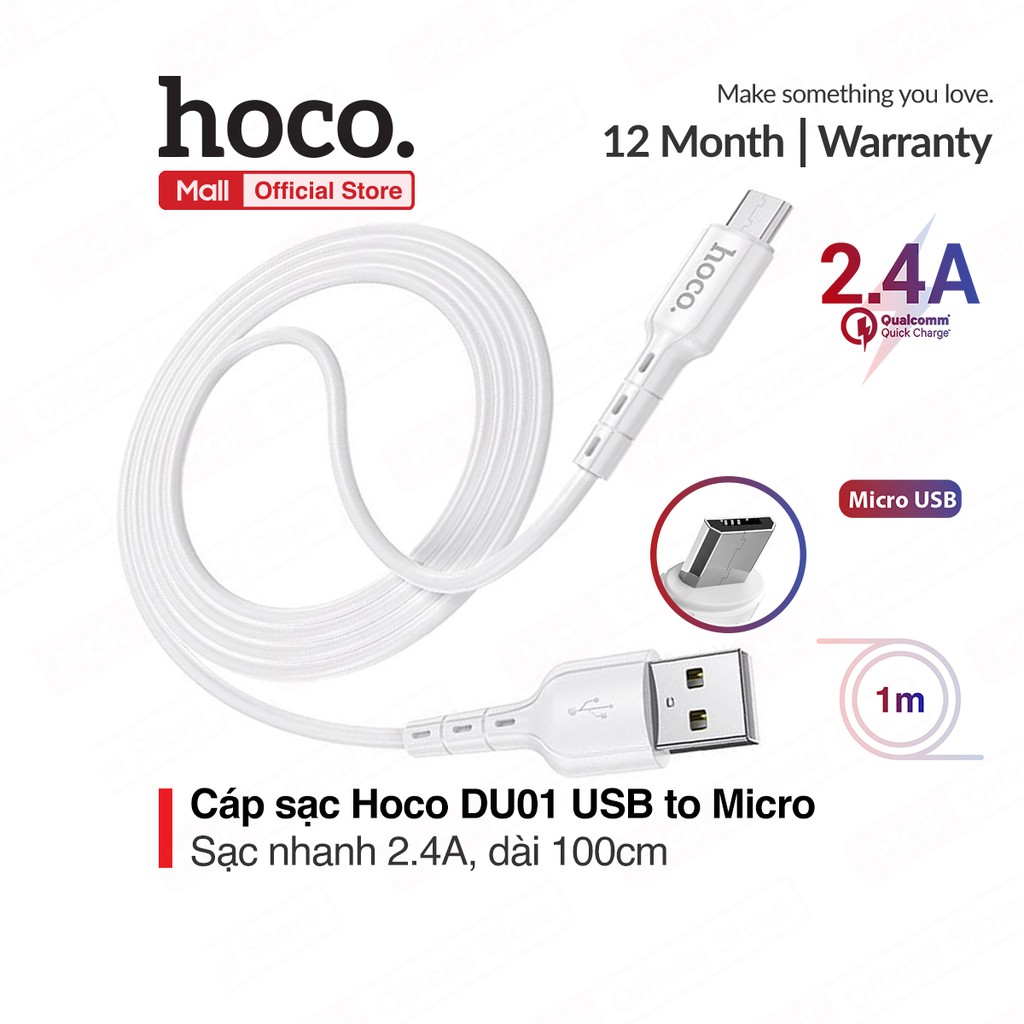 Cáp sạc và truyền dữ liệu hoco du01 usb to micro/lightning/type-c sạc nhanh 2.4a/3a dài 100cm