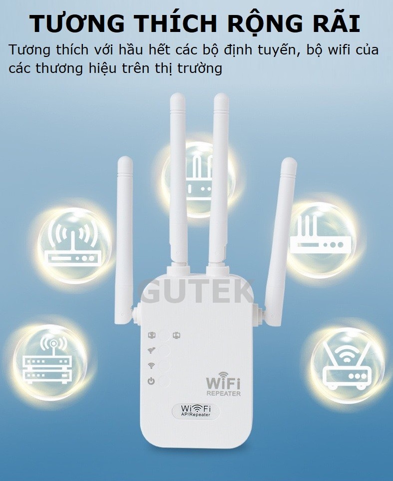 Bộ kích sóng wifi 4 râu Gutek KS1 tốc độ 300mbps 1200mbps phát xuyên tường kết nối xa sóng mạnh
