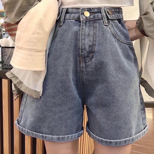 Quần Short Jean Lưng Cao Phối 2 Nút