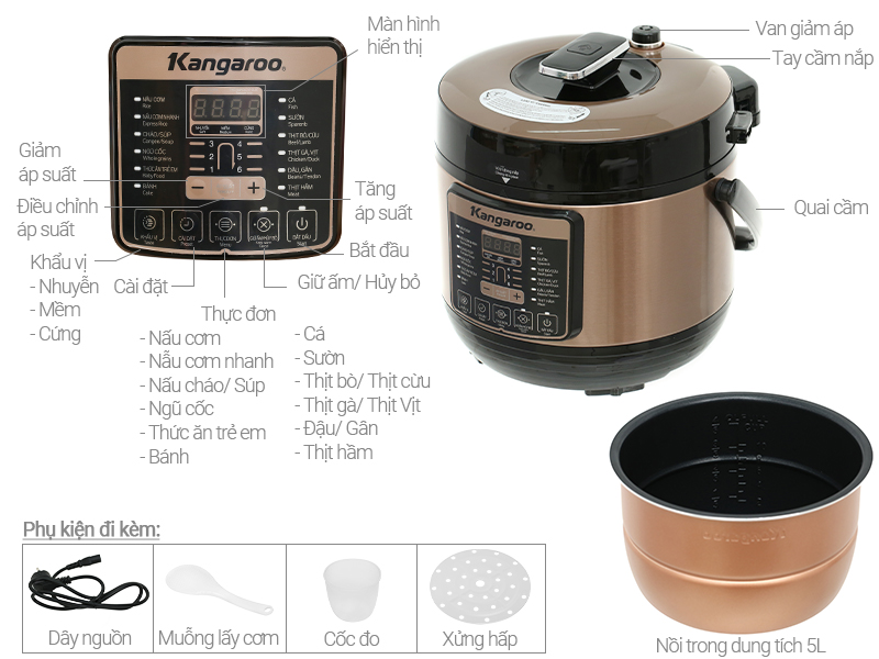 [BH toàn quốc] Nồi áp suất điện Kangaroo KG5P1 5L
