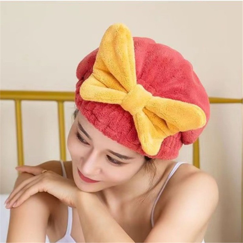 Khăn ủ tóc đính nơ, mền mịn, thấm hút tốt (màu ngẫu nhiên)