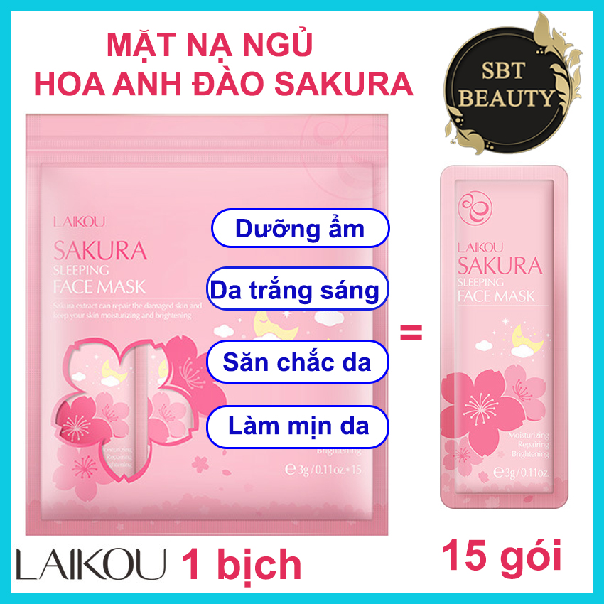 [Hoa Anh Đào] Bịch 15 Miếng Mặt Nạ Ngủ Laikou Hoa Anh Đào Sakura Sleeping Face Mask – Dưỡng Trắng Da, Cấp Ẩm, Cải Thiện Da Khô, Da Xỉn Màu, Giúp Đều Màu Da