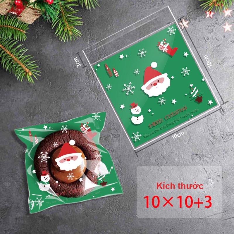 100 Túi Đựng Bánh Kẹo, Bao Bì Hoạ Tiết Dán Miệng Kích Thước 10x10+3 cm, Chủ Đề Noel Giáng Sinh
