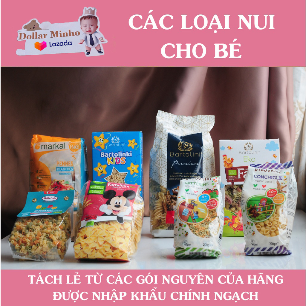 Mì nui các loại  tách lẻ 100g (nui xoắn, nui sao, nui chữ, mì semon, nui sò, nui vũ trụ)