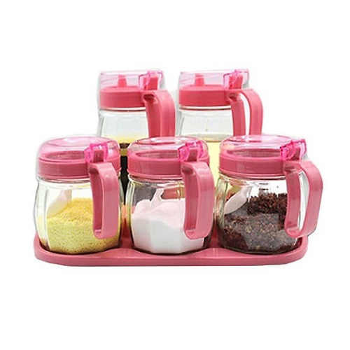 Bộ 5 Lọ Thủy Tinh Đựng Gia Vị có tay cầm - Hũ đựng gia vị thủy tinh bộ đựng gia vị bộ lọ gia vị