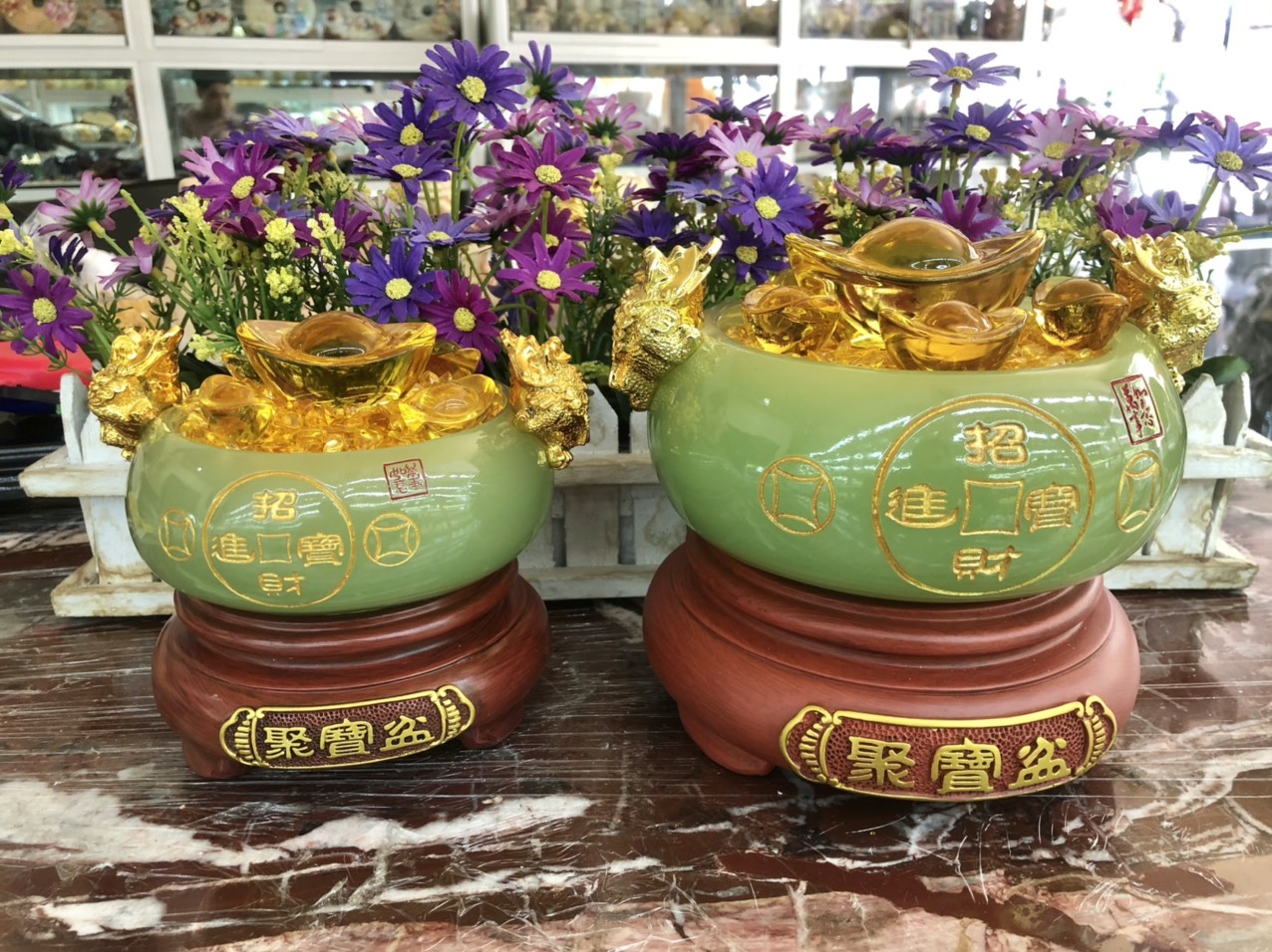 Bát vàng, Bát Tụ Tài, Bát Tụ Bảo đá ngọc cẩm thạch Hút Tài, Hút Lộc, Chiêu tài nạp lộc trang trí bàn thờ thần tài - Cao 13cm và 16cm