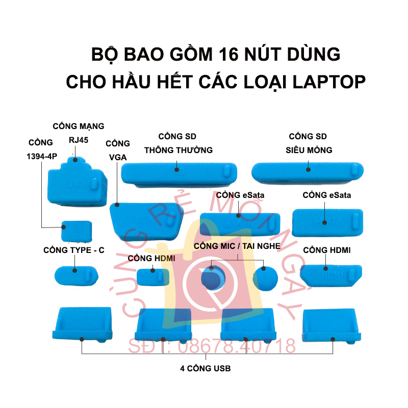 Bộ Nút Chống Bụi Silicon Cho Laptop, Macbook (16 Nút) có nút Type C