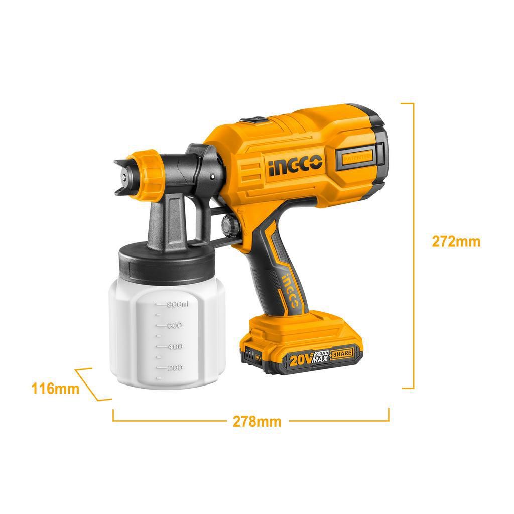 MÁY PHUN SƠN DÙNG PIN LITHIUM INGCO 20V ( KÈM 2 PIN & 1 SẠC ) CSGLI2003 ( kèm 2 đầu bét phun )