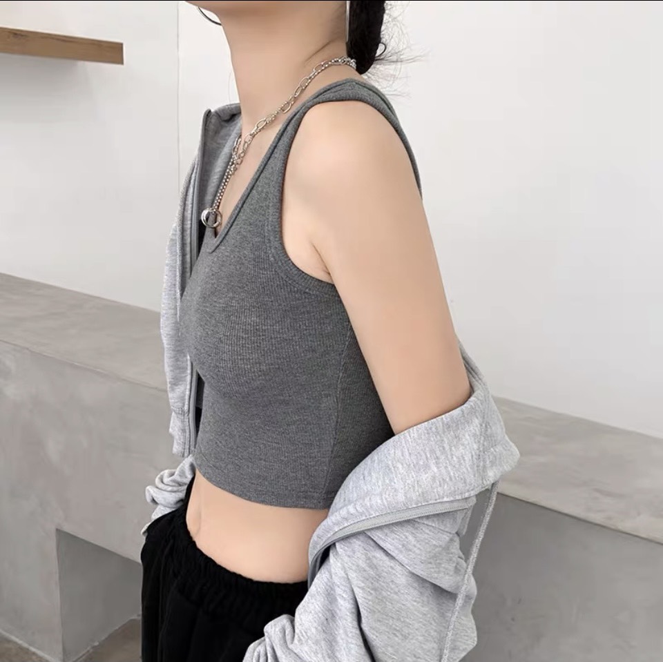 Áo croptop nữ ôm body cổ chữ U co dãn
