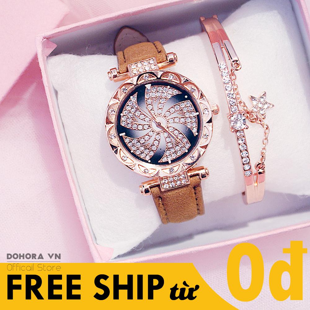 Đồng Hồ Nữ Đính 49 Viên Đá C09 Mặt Cối Xay Gió Dây Da Lộn Bền Bỉ Có Chống Nước Nhẹ