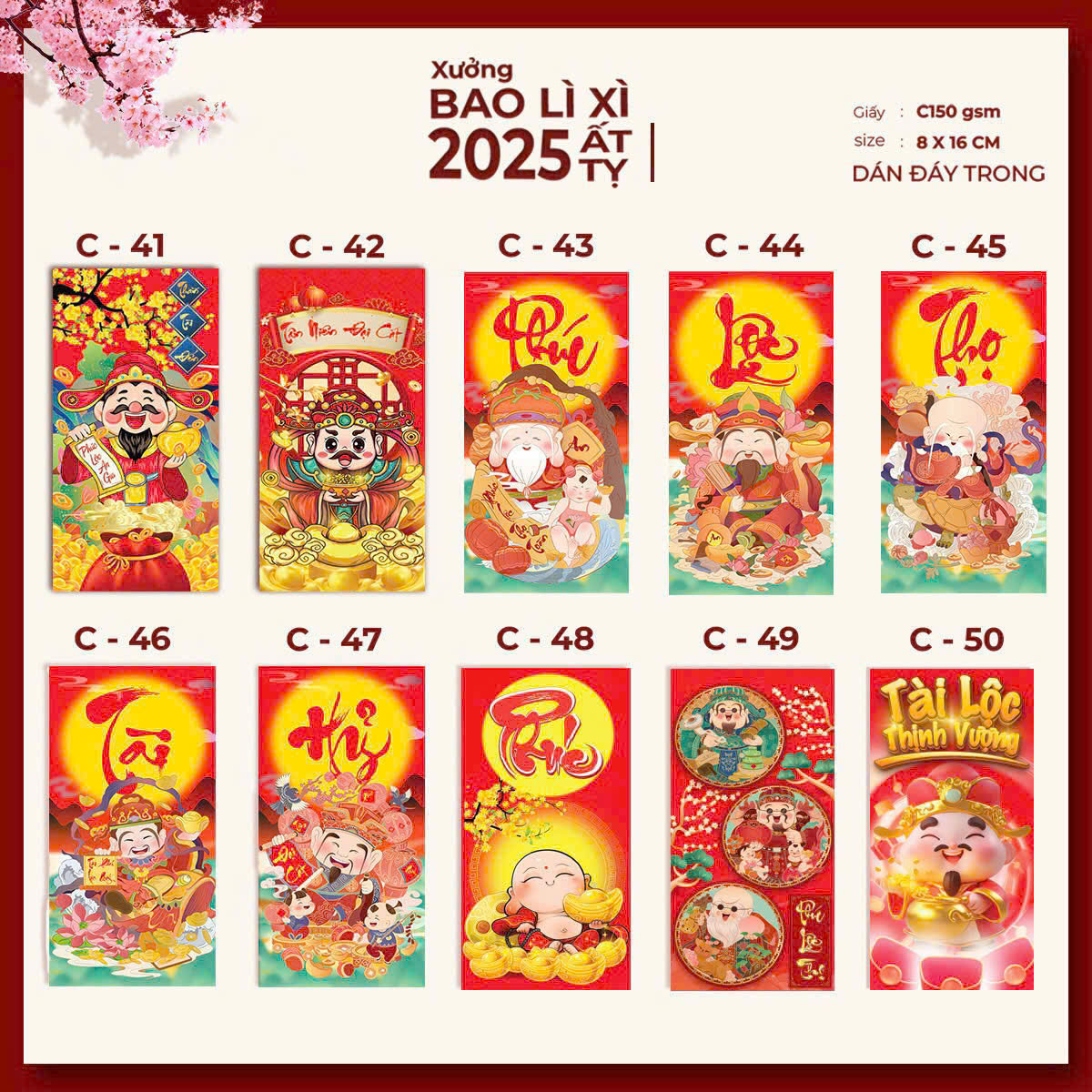 100 Bao lì xì Truyền thống Năm 2025 - 10 mẫu Ngẫu Nhiên