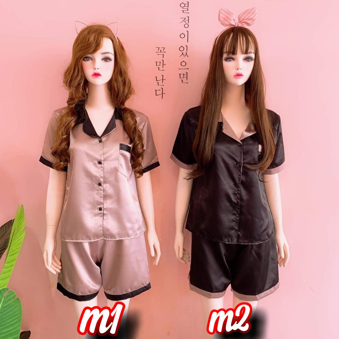 [HCM]Bộ Pijama Lụa Bóng Ngắn Phối Màu Đơn Giản Sang Trọng