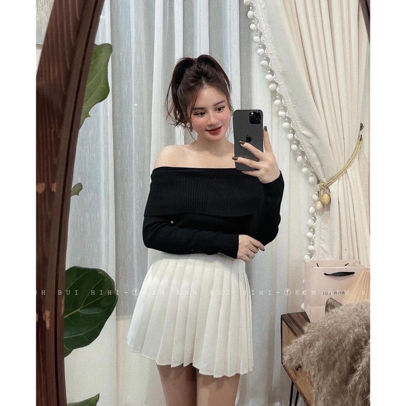 Áo len dệt kim trễ vai cổ bẻ