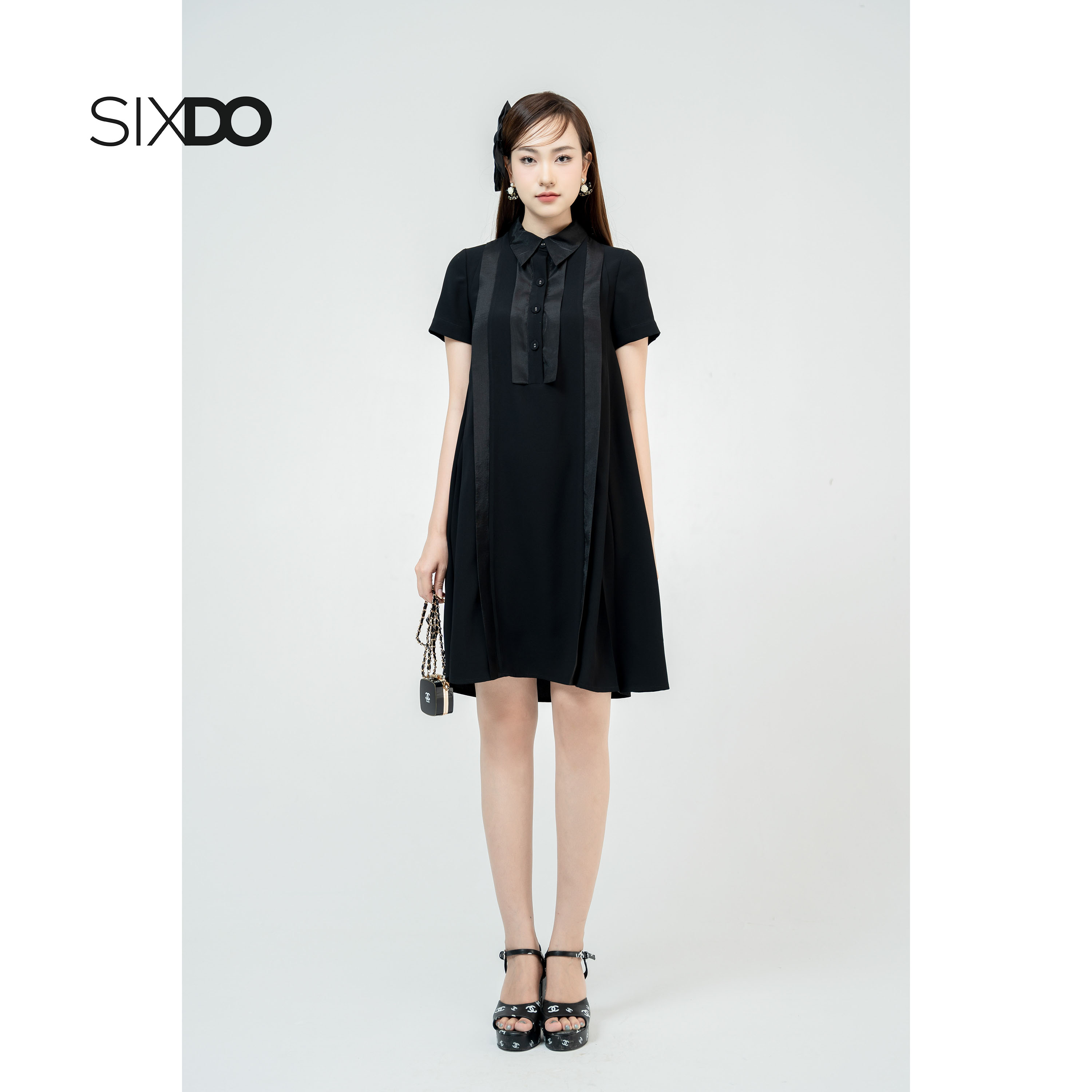 Đầm suông lụa đen cổ polo SIXDO (Black Trapeze Mini Silk Dress)