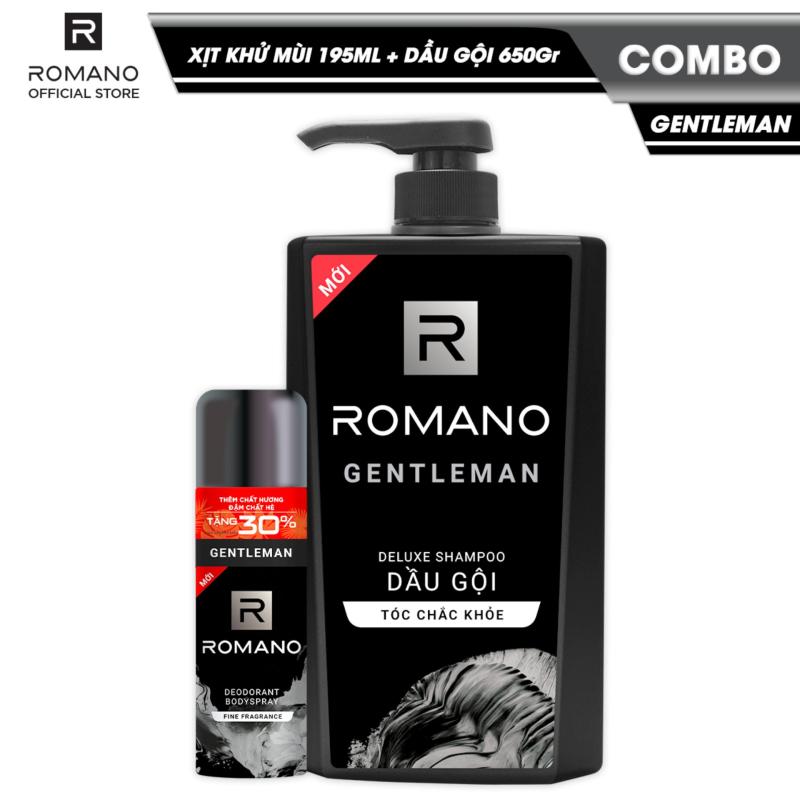 Combo Romano Gentleman: Xịt toàn thân lịch lãm ngăn mồ hôi mùi cơ thể 195ml và dầu gội cao cấp tóc chắc khỏe 650g nhập khẩu
