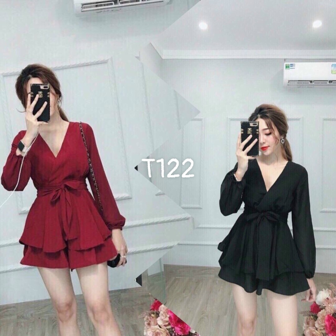 [HCM]Đầm xoè bèo cột nơ eo tay dài cổ v chất liệu umi lụa T122