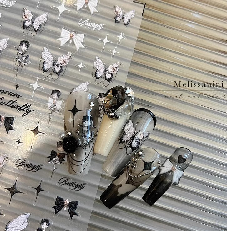 Sticker Lụa 3D Bướm Trắng Đen Sắc Nét | Hình Dán Móng Tay XY-1035