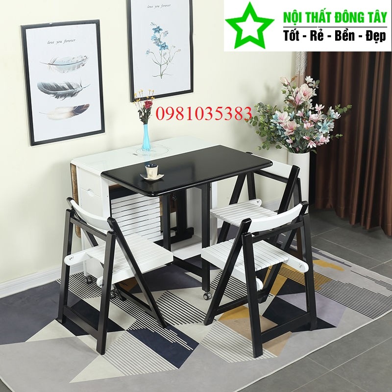 Bàn ăn thông minh kèm 4 ghế gấp đen trắng (DT 089)