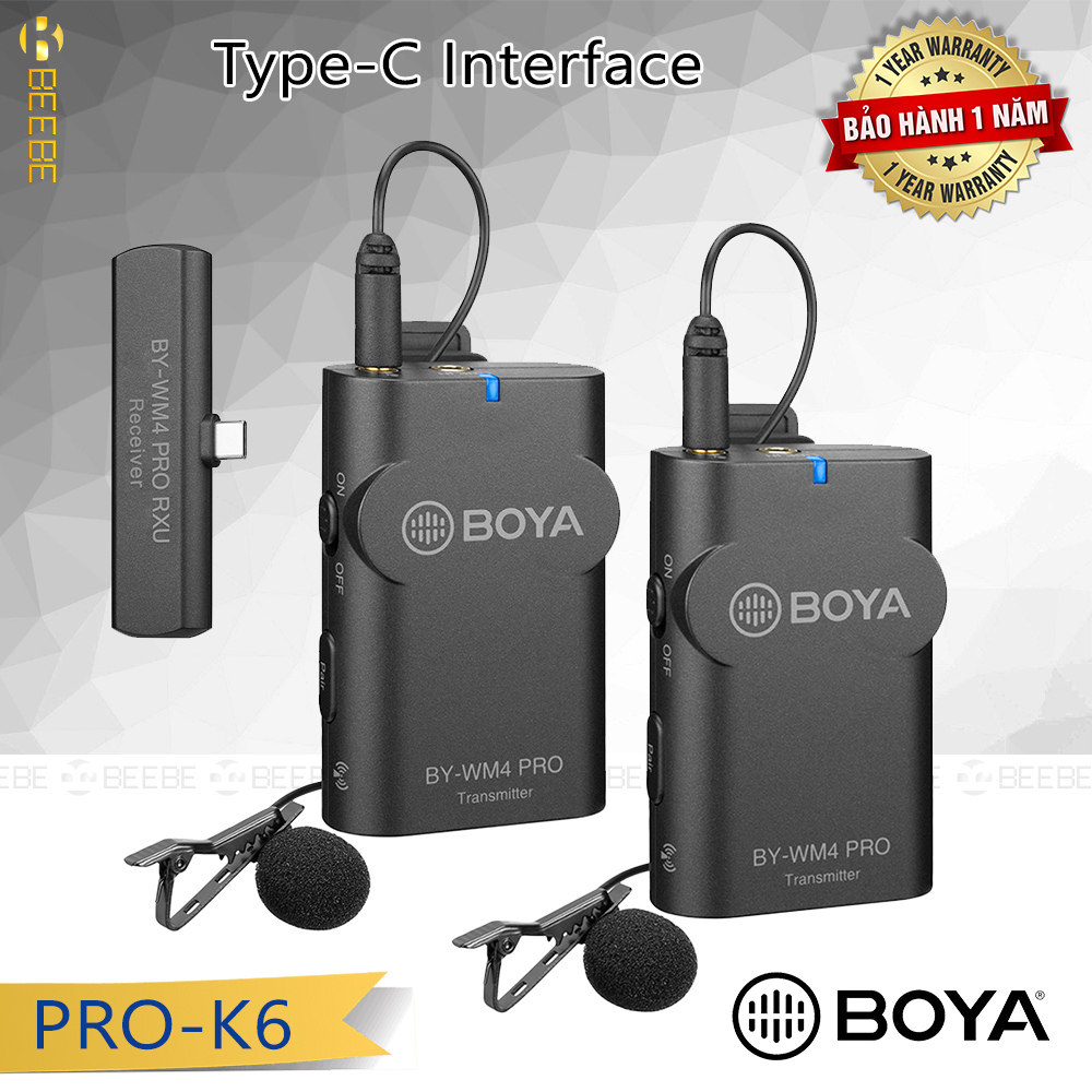 Boya BY-WM4 Pro-K6 - Bộ 2 Micro Cài Áo Không Dây Cổng Type-C Cho Smartphone Android; iPAD Pro, Sóng 2.4G