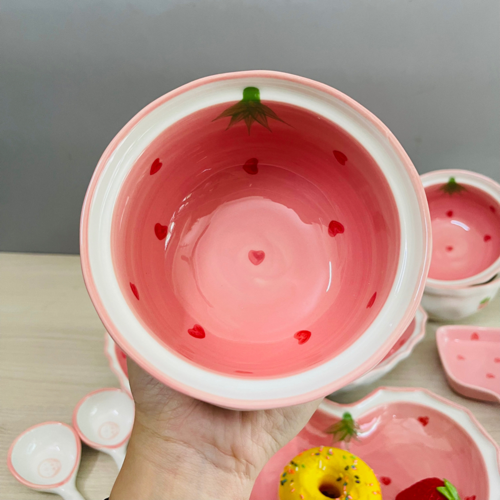 Bát đĩa decor, Bát ăn cơm, Chén Dĩa dễ thương tim dâu hồng siêu đẹp